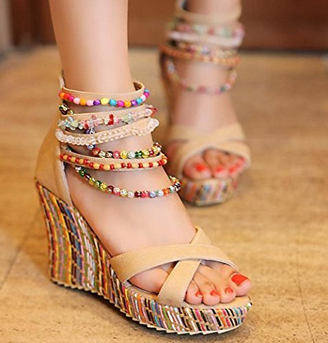 getmorebeauty Women's Wedge Sandals Diamond Across The Top Platform High Heels（US 6 BEIGE）