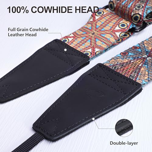 Padwa Lifestyle Adjustable Stripes Camera Strap - 2" Wide Top Layer Cowhide Head Camera Straps for Photographers, Adjustable Soft Cotton Rope Weave Neck & Crossbody Strap Quick Release for All Cameras