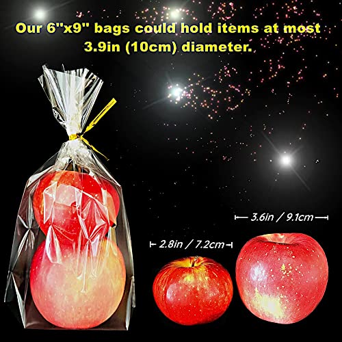 PigPotParty 6"x 9", 50Pcs Bottom Gusset Bags, Clear Cello Cellophane Plastic Treat Goodie Bags with 50x Twist Ties for Small Gift Party Favors, Cookie, Candy, Popcorn (No Side Gusset)