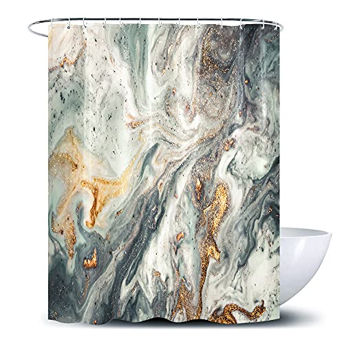 Linen Green Marble Shower Curtain Watercolor Teal Golden Lines Turquoise Aqua Fabric Bath Curtain for Bathroom Bathtub Decor Abstract Cotton Linen Heavy Duty 230GSM Textured Waterproof 72"x72"