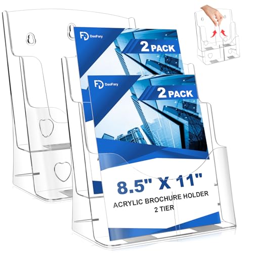 2 Pack Acrylic Brochure Holder 8.5 x 11 in, 2-Tier Brochure Display Stand with Removable Divider for 4 x 9 in Trifold Pamphlets, Clear Flyer Holder for Wall Mount or Countertop