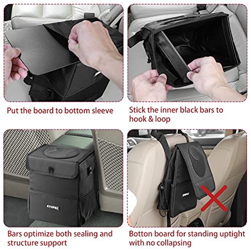 Ryhpez Car Trash Can with Lid - Car Trash Bag Hanging with Storage Pockets, Leakproof Collapsible Garbage Can with Solid Structure Support (Upgraded Version)