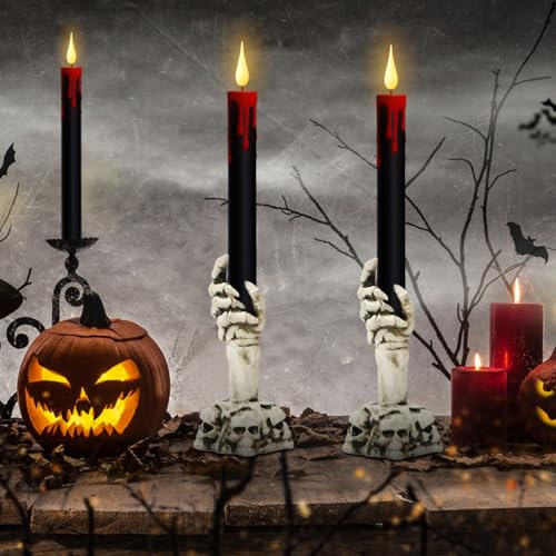 GenSwin Halloween Black Taper Flameless Candles with Ghost Hand Candlesticks and Remote Timer, 2 Pcs Battery Operated Taper Candles with Holder and 3D Flame for Halloween Decor