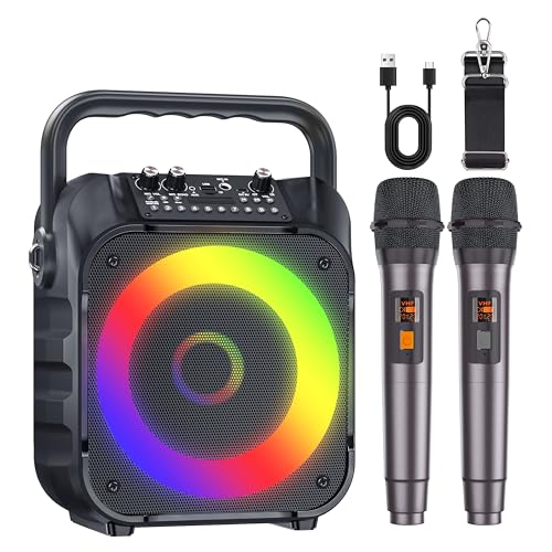 Karaoke Machine with Two Wireless Microphones, Portable Karaoke Machine for Adults & Kids, Portable Bluetooth Speaker with PA System, LED Lights, Supports TF Card/USB, AUX in, FM, USB,TWS (Black)…