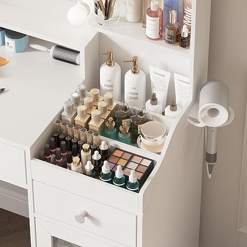 Vabches Vanity with Mirror and Lights, Makeup Vanity Table with Charging Station, Cute Vanity Set with Comfortable Bench, Big Vanity with 3 Storage Compartments, 39.8inch, White