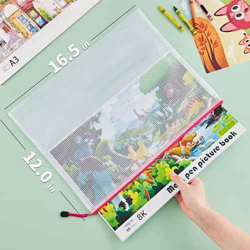 JARLINK A3 (16.9x12.4 in, 12 Pcs) Mesh Zipper Pouch, 12 Colors Extra Large Zipper Bags, Waterproof File Pouches for Office Supplies, Puzzles, Board Game, School, Travel Accessories& Craft Projects