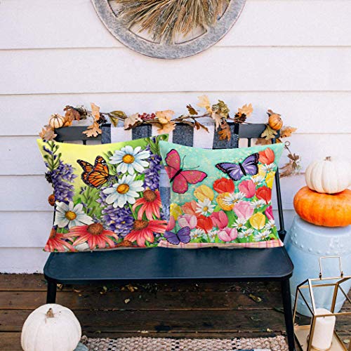 Smilyard Flower Butterfly Throw Pillow Covers Watercolor Daisy Tulip Farmhouse Cushion Cover Cotton Linen Spring Floral Pillow Case Set of 2 18x18 Inch Outdoor Animal Pillowcase (Butterfly 2Pcs)