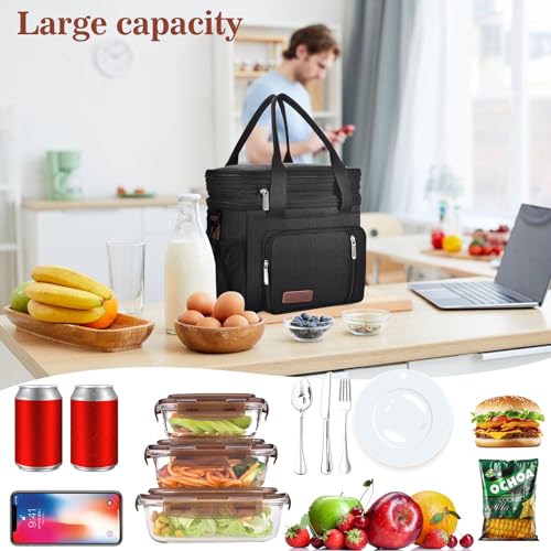 LOKASS Lunch Bags for Women Double Deck Insulated Lunch Box Large Cooler Tote Bag with Removable Shoulder Strap Wide Open Thermal Meal Prep Lunch Organizer Box for Adults/Work/Outdoor, Pink