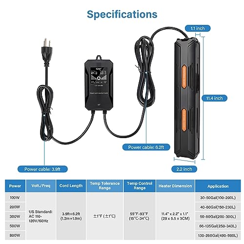 hygger Aquarium Heater, 100W/200W/300W/500W/800W Submersible Fish Tank Heater with Over-Temperature Protection and Automatic Power-Off Fish Heater with Digital Controller for Freshwater and Saltwater