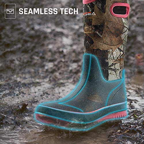 HISEA Women Mud Boots, Mid Calf Neoprene Rubber Boots with Pull on Handle Insulated Barn Boots Womens Waterproof Rain Boots Garden Shoes Womens Rainboots for Farm Gardening Hiking Hunting Fishing