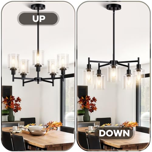 GAOMON Black Chandelier,5 Lights Modern Lighting Fixtures with Clear Glass Shade Flush Mount Ceiling Light for Dining Room,Bedroom,Kitchen,Foyer