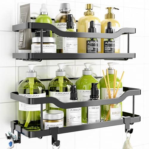 OMAIRA Shower Caddy, 2-Pack Adhesive Shower Organizer, No Drilling Rustproof 304 Stainless Steel Shower Shelves for Inside Shower & Bathroom Organizer, Matte Black (X-Large)