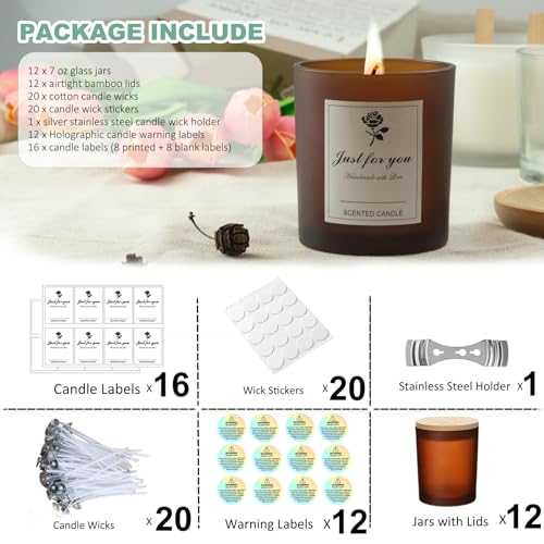 AMOTIE Candle Jars for Making Candles, 12 Pack 7 OZ Glass Candle Jars with Lids and Candle Making Kits - Bulk Empty Candle Jars for Making Candles - Spice, Powder Containers.…