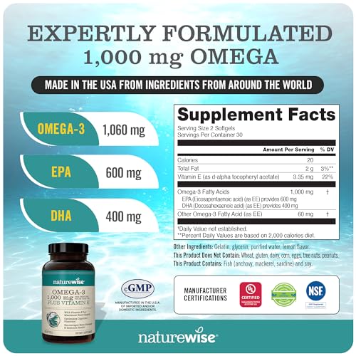 NatureWise Extra-Strength Omega 3 Fish Oil Supplement - 1000mg per Serving - 600 EPA & 400 DHA and Vitamin E - Support for Heart & Brain Health - Lemon Flavor, Non-GMO - 60 Softgels[1-Month Supply]