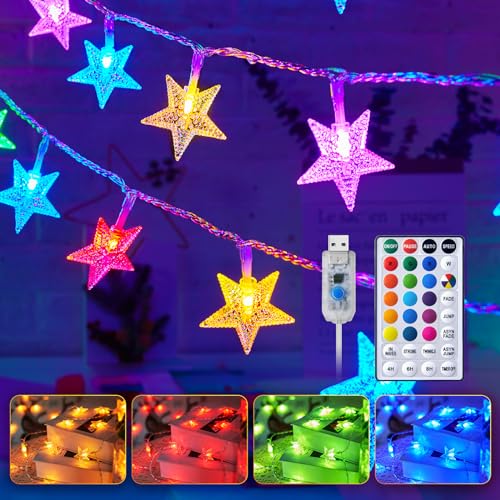 Minetom Color Changing Star String Lights - 17 ft 50 LED Star Fairy Lights with Remote and Timer, 16 Colors and 7 Modes, USB Powered String Lights for Bedroom Tent Patio Xmas Party Indoor Decor