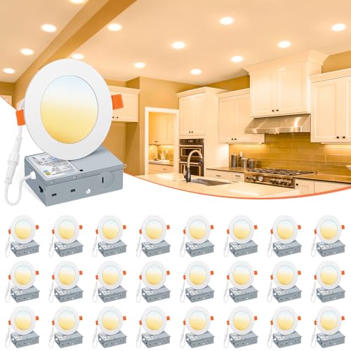 VOLISUN 24 Pack 4 inch Recessed Lighting, 5CCT Ultra-Thin LED Recessed Light with Junction Box, 2700K-5000K Selectable, 810Lumen Dimmable Canless Wafer Downlight, LED Ceiling Light ETL Certificated