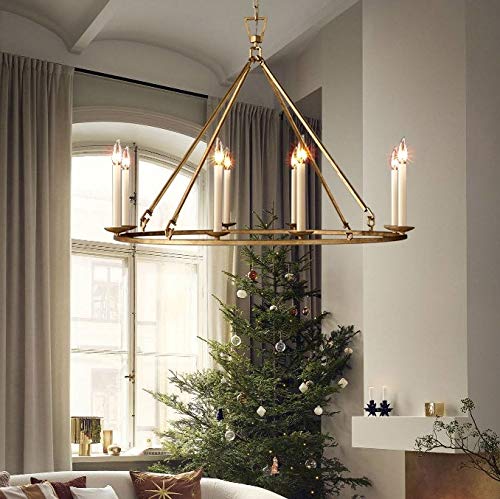 LOVEDIMA Rustic Candle-Shaped 8-Light Metal Chandelier Lighting Antique Brass Round Chandelier Ceiling Hanging Light Fixture (8-Light)