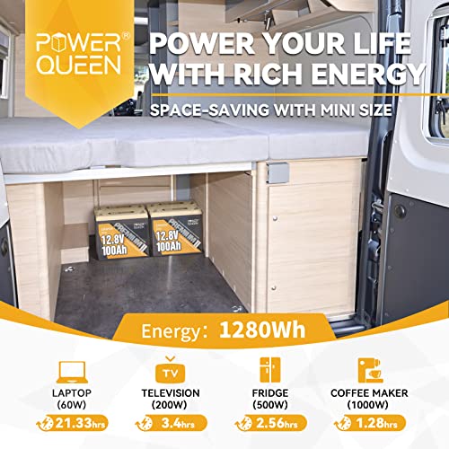 Power Queen 2 Pack Mini LiFePO4 Lithium Battery, 12V 100Ah Battery with Built-in 100A BMS, 1280Wh Energy, Up to 15000 Cycles, 10-Year Lifespan for Home Solar Energy System, RV, Camping