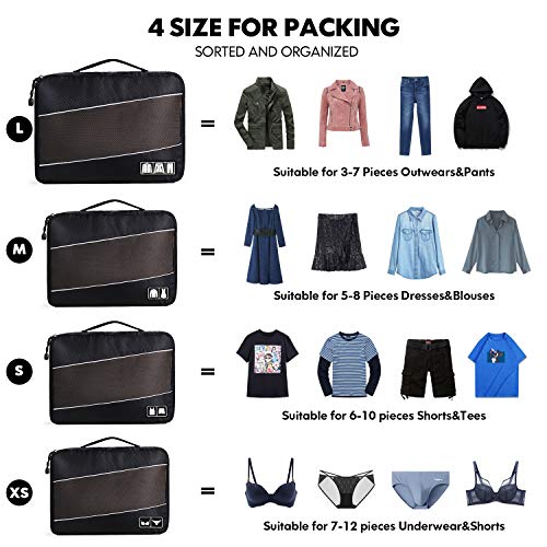 4 Set Packing Cubes, Various Sizes Travel Luggage Bags Organizers (Black)