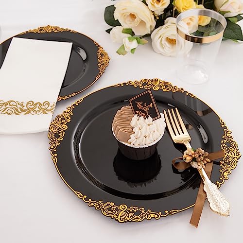 Hioasis 175pcs Black and Gold Plastic Plates - Black Gold Disposable Plates Include 25 10.25” Dinner Plates,25 7.5” Dessert Plates,25 Knives,25 Forks,25 Spoons,25 Napkins for Wedding & Party Halloween