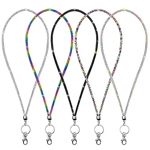Soleebee Rhinestone Office Lanyard, 31.5'' Bling Neck Lanyard with Metal Clasp & Keyring, Crystal Lanyard for Women, ID Card, Keys Strap （5 Pack）