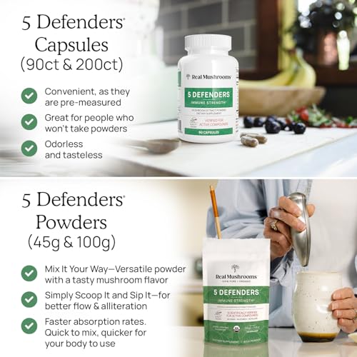 Real Mushrooms 5 Defenders - Adaptogenic Mushrooms Complex with Chaga, Reishi, Turkey Tail, Maitake & Shiitake for Wellness Support - Mushroom Beta Glucan Capsules - 90 Count