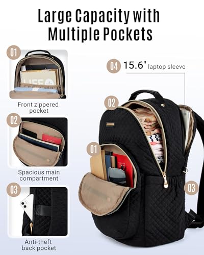 LIGHT FLIGHT Travel Laptop Backpack for Women, 15.6 Inch Anti Theft Laptop Backpack with USB Charging Hole Water Resistant Computer Backpack for Work, Quilted Black