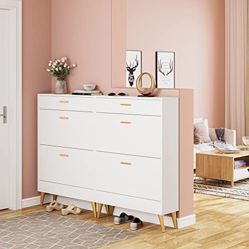 Tribesigns Shoe Cabinet, White Shoe Storage Cabinet with 2 Flip Doors and Drawer, Modern Narrow Shoe Organizer Rack for Entryway, Closet (White)