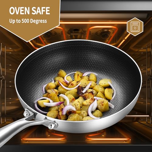 Inqibee 8.5 Inch Hybrid Tri-Ply Stainless Steel Sauté Pan,Non-Stick Frying Pan,Skillet,Induction Cooking Pan,Heavy Duty and Oven Safe,Riveted Handle.