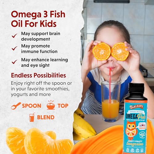 Barlean's Omega Pals Eye Health Liquid, Tangerine Flavored Omega 3 for Kids, Fish Oil Supplement with 500 mg of EPA & DHA Plus Lutein & Zeaxanthin Vitamins for Blue Light Support, 8 oz