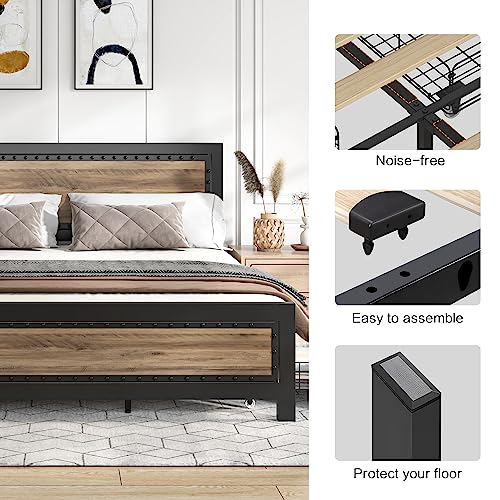 Keyluv King Bed Frame with 4 Storage Drawers, Rivet Modern Headboard and Footboard Platform Bed with Solid Wood Slats Support, No Box Spring Needed, Metal Frame Mattress Foundation Noise-Free