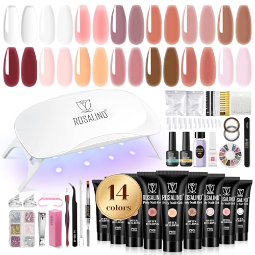 ROSALIND Poly Nail Gel Kit -14 Colors +72 Nail Art Accessories kit Clear Nude Poly Nails Gel Kit Starter Kit With Slip Solution Pro Nude Pink Nail Extensions Gel Set with Mini UV Lamp
