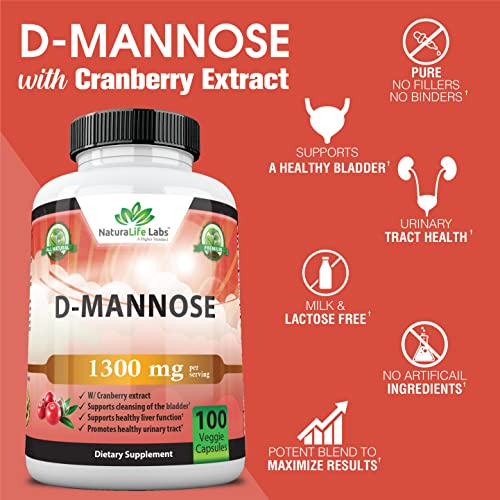 NaturaLife Labs A Higher Standard D-Mannose 1,300 mg with Cranberry Extract Fast-Acting, Flush Impurities, Urinary Tract Health- 100 Veggie Capsules