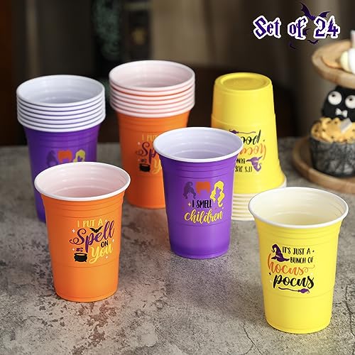 Nefelibata Halloween Black Plastic Cups 16oz Witch Sisters Party Cups Reusable Cold Drinking Cups Set of 24 Halloween Hocus Pocus Party Supplies