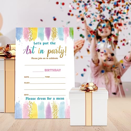 UDNADKEX Art Birthday Invitations Girl with Envelopes, Invites for Girls Birthday Party Art Painting, Paint Birthday Party Invitations Cards, 4"x6" Set of 20, Let's Create & Celebrate