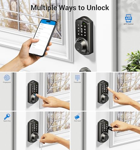 Veise Fingerprint Smart Lock for Front Door, 7-in-1 Keyless Entry Deadbolt with App Control, Electronic Digital Locks with Touchscreen Keypad, Auto Lock, Easy Install, Waterproof, Matte Black