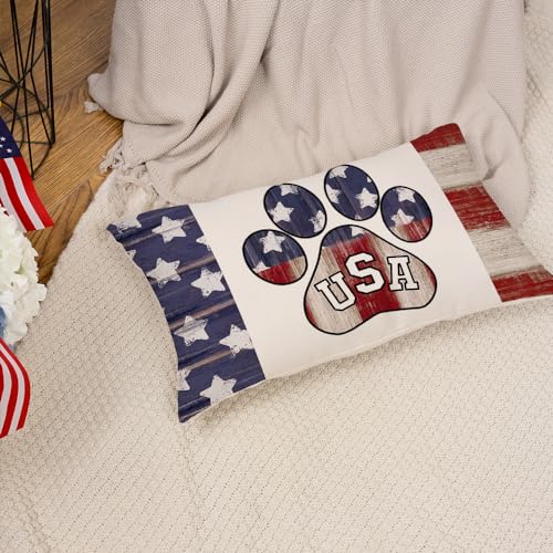 AACORS 4th of July Pillow Covers 12x20 Inch Paw Prints Decor Patriotic America USA Stars Holiday Pillow Case Independence Memorial Day Decorations for Home Sofa Couch AA529-12