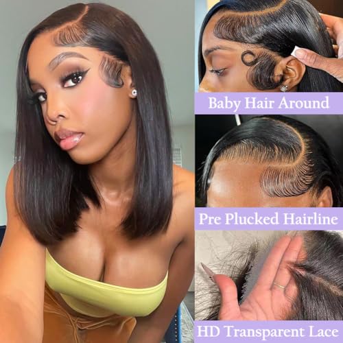 TONGMAY 8 Inch Short Bob Wig Human Hair Straight Bob Lace Front Wigs Human Hair for Women 180% Density Brazilian Virgin Human Hair Bob Wig 13x4 HD Transparent Lace Frontal Bob Wigs Natural Black