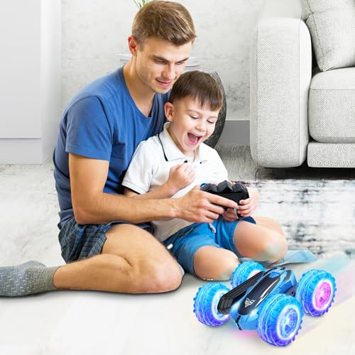 KKONES Remote Control car,2.4GHz Electric Race Stunt Car,Double Sided 360° Rolling Rotating Rotation, LED Headlights RC 4WD High Speed Off Road for 3 4 5 6 7 8-12 Year Old Boy Toys (Blue)