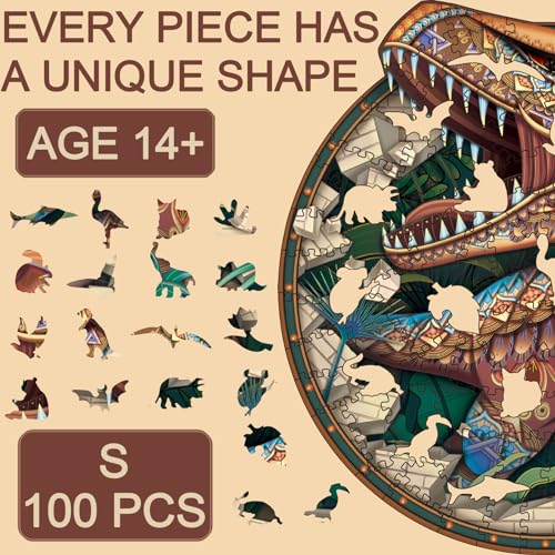 NKTDWO Wooden Puzzles, Advanced Dinosaurs Puzzle for Adults 100 PCS 7.09''x7.36'' Animal Shape Jigsaw Puzzle for Kids Wood Cut Puzzle for Holiday Birthday Christmas Thanks Giving (Dinosaurs Small)