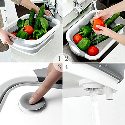 QiMH Collapsible Cutting Board, 8L Foldable Space Saving Multi-function Kitchen Dish Tub and Camping Sink, Washing and Draining Veggies Fruits Storage Basket for Picnic, BBQ Food Prep and Camping