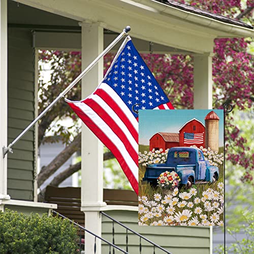 Dyrenson 4th of July Patriotic Welcome Memorial Day Garden Flag Double Sided, Rustic Farm Old Red Truck House Yard Flag, Daisy Garden Yard Flower Decorations, USA Outdoor Flag 12.5 x 18 Gift