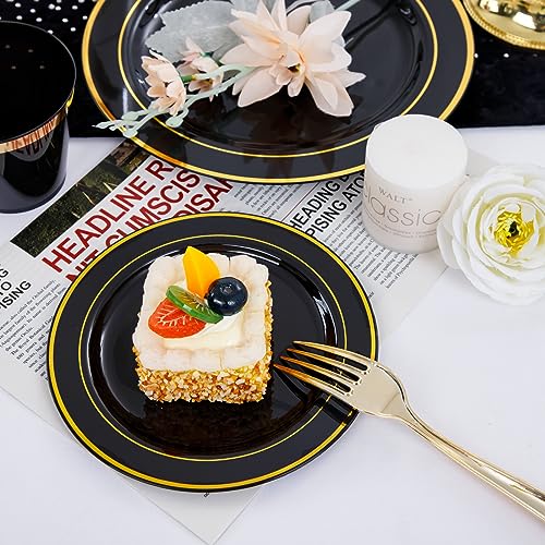 WDF Partyware 350 Pieces Black and Gold Plastic Plates with Disposable Silverware, Include 50 Dinner Plates 9”, 50 Dessert Plates 6.3”, 50 Gold Rim Black Cups 9 OZ, 50 Pre Rolled Napkins Packed in