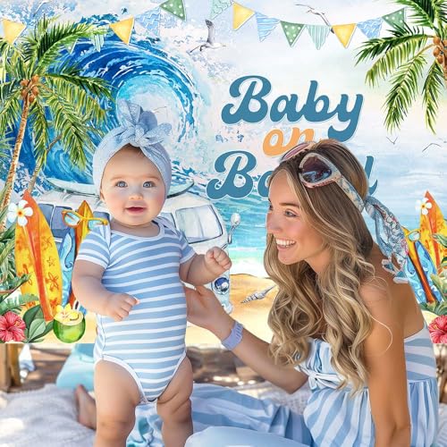 MEHOFOND 7x5ft Soft Fabric Summer Baby on Board Baby Shower Backdrop Summer Beach Oh Baby Baby Shower Party Decorations Tropical Sea Wave Surfboard Background Seaside Newborn Birthday Photo Props