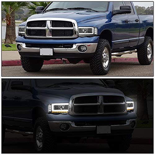 Auto Dynasty LED DRL Headlight Compatible with 2002 2003 2004 2005 Dodge Ram 1500 2500 3500 Sequential Turn Signal Black Clear Corner Projector Headlights