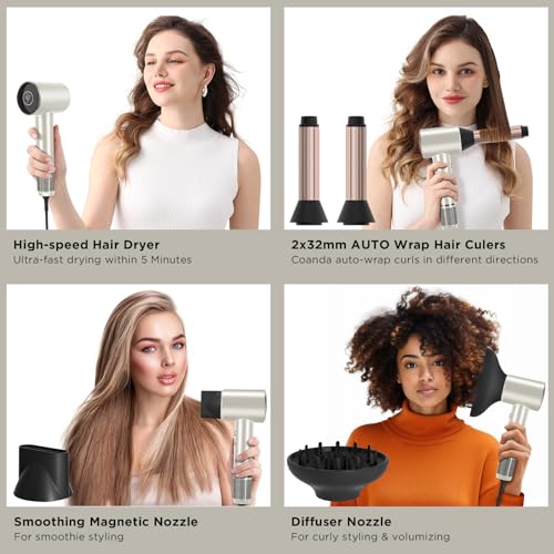PARWIN PRO BEAUTY Air-Sonic Hair Dryer with Diffuser, HD-LED Display & 110, 000 RPM High Speed Ionic Blow Dryer, 1 1/4 Inch Left & Right Air Auto-Wrap Curlers, Champagne Silver Professional Version