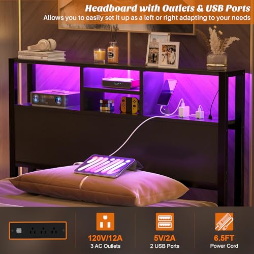 Aheaplus Headboard for Twin Size Bed with Storage, Headboards with Outlets, USB Ports and LED Light, Twin Size Head Board Only, Height Adjustable, Reversible, Sturdy and Stable Headboard, Black