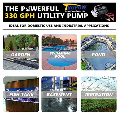 Trupow DC 12-Volt 1/10HP 330GPH Battery Powered Mini Portable Electric Utility Sump Transfer Water Pump with Water Hose Kit Black…