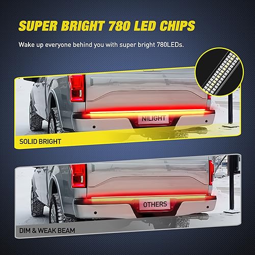 Nilight Truck Tailgate Light Strip 48" Aluminum Frame Triple Row 780 LED Strip with Red Running Brake Lights White Reverse Red Sequential Turn Signals Strobe Lights