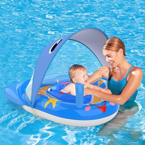 Baby Pool Float with Canopy Infant Float 6-24 Months Baby Swimming Float for Pool Toddler Pool Float with Shade UPF50+ Sun Protection Inflatable Pool Toys with Adjustable Safety Seat (Standard)